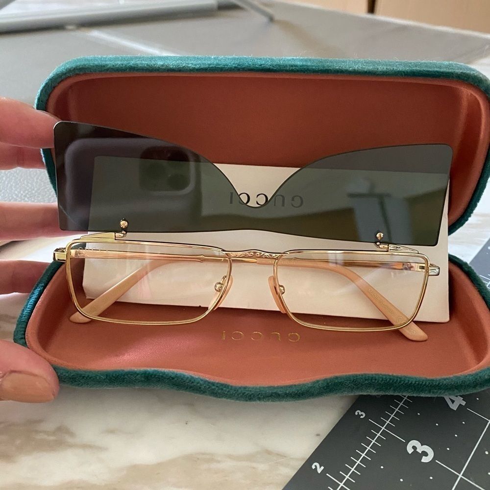 Gucci 56mm Flip-up Rectangle Unisex Sunglasses Dark Grey / Gold Limited-Edition